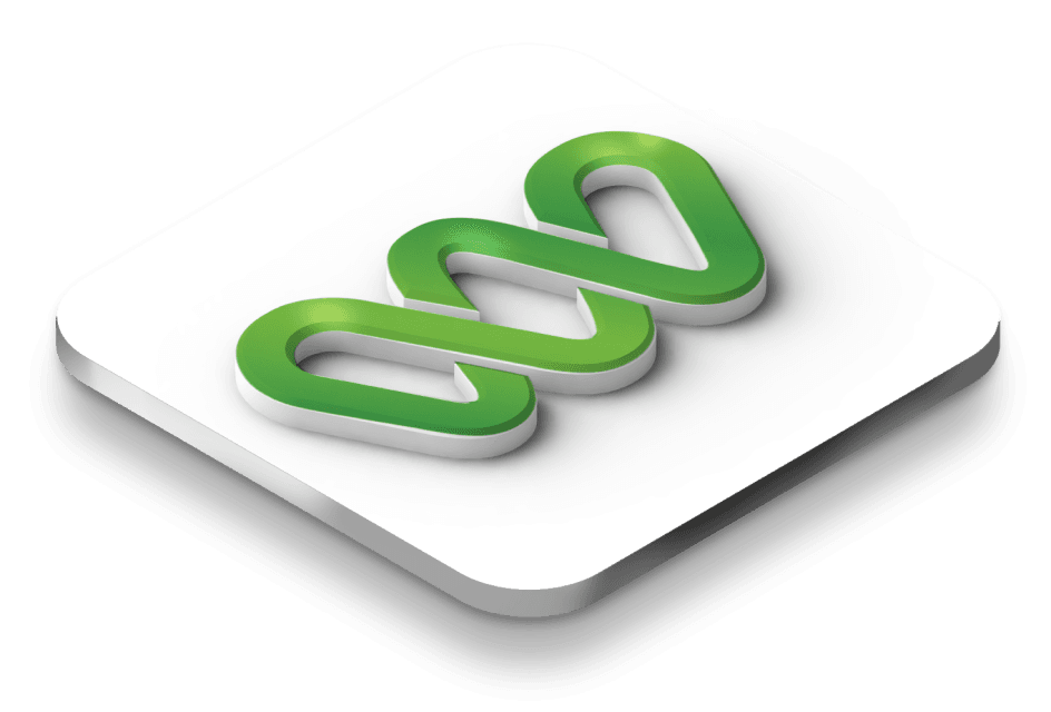 A white 3D tile structure with the green logo for MoneyWorks Finance.