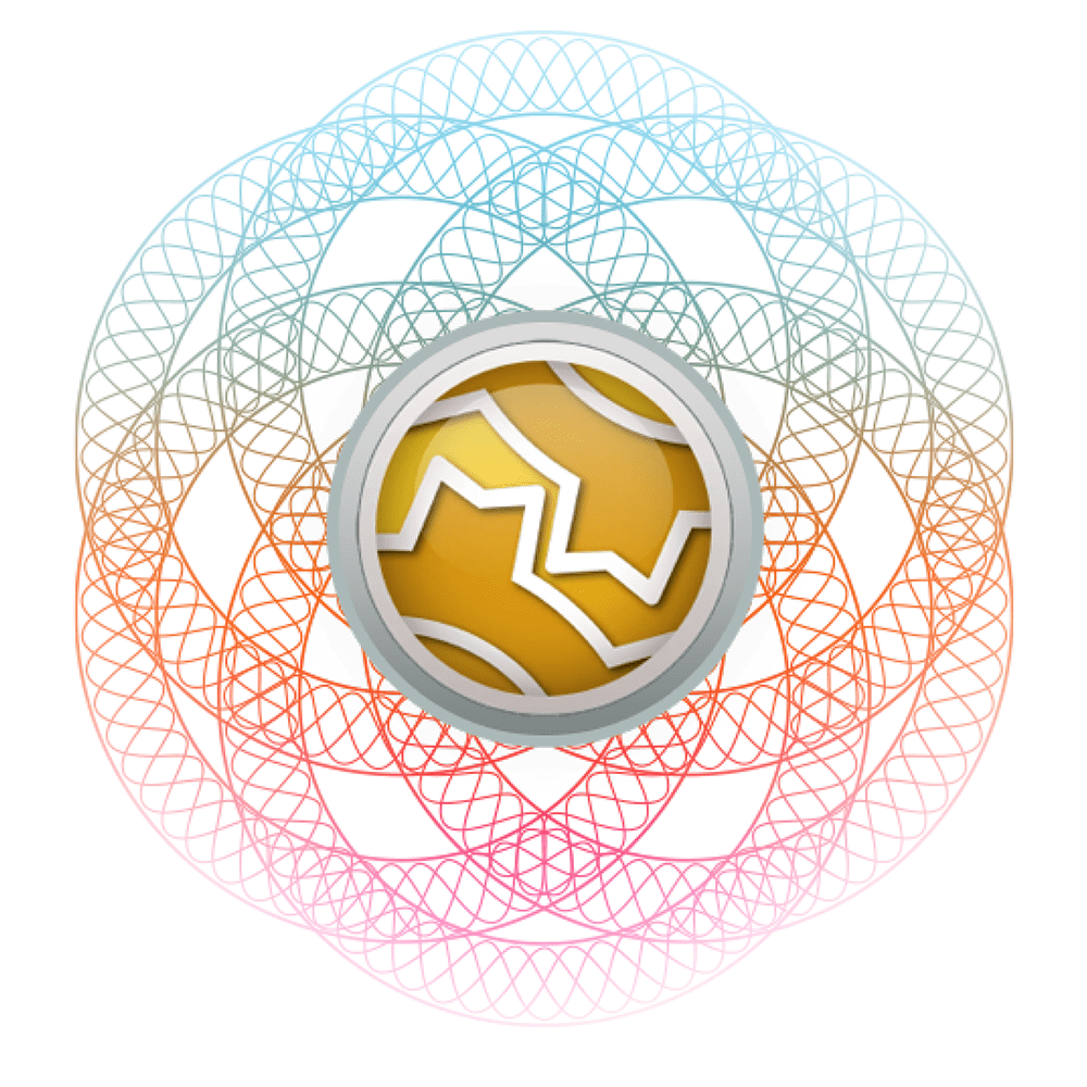 A round gray button with the Moneyworks cognito icon in the center, surrounded by a colorful gradient geometric pattern of blue, orange, and pink.